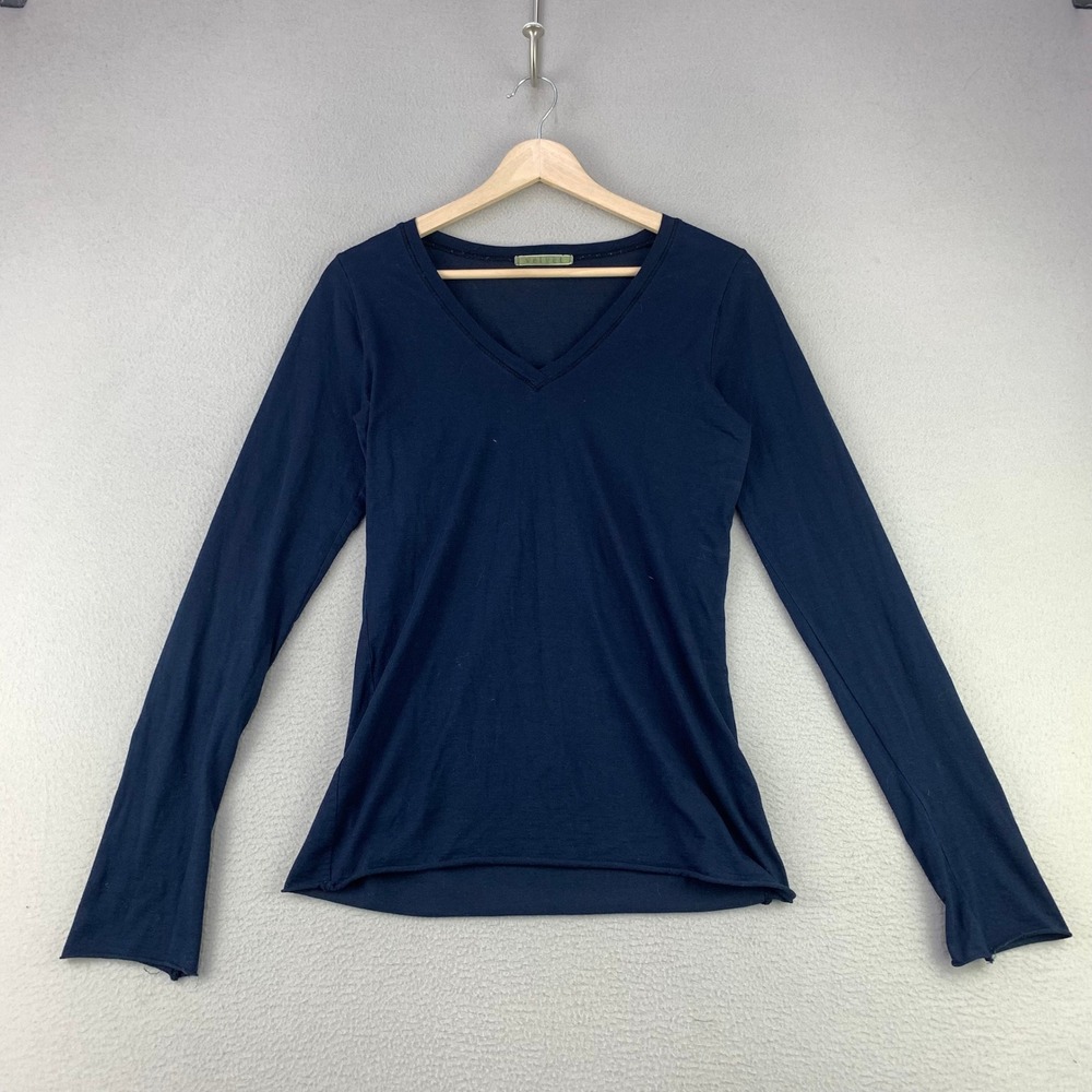 Velvet V-Neck Top Women Medium Navy Blue Casual Long Sleeve Shirt USA Comfort